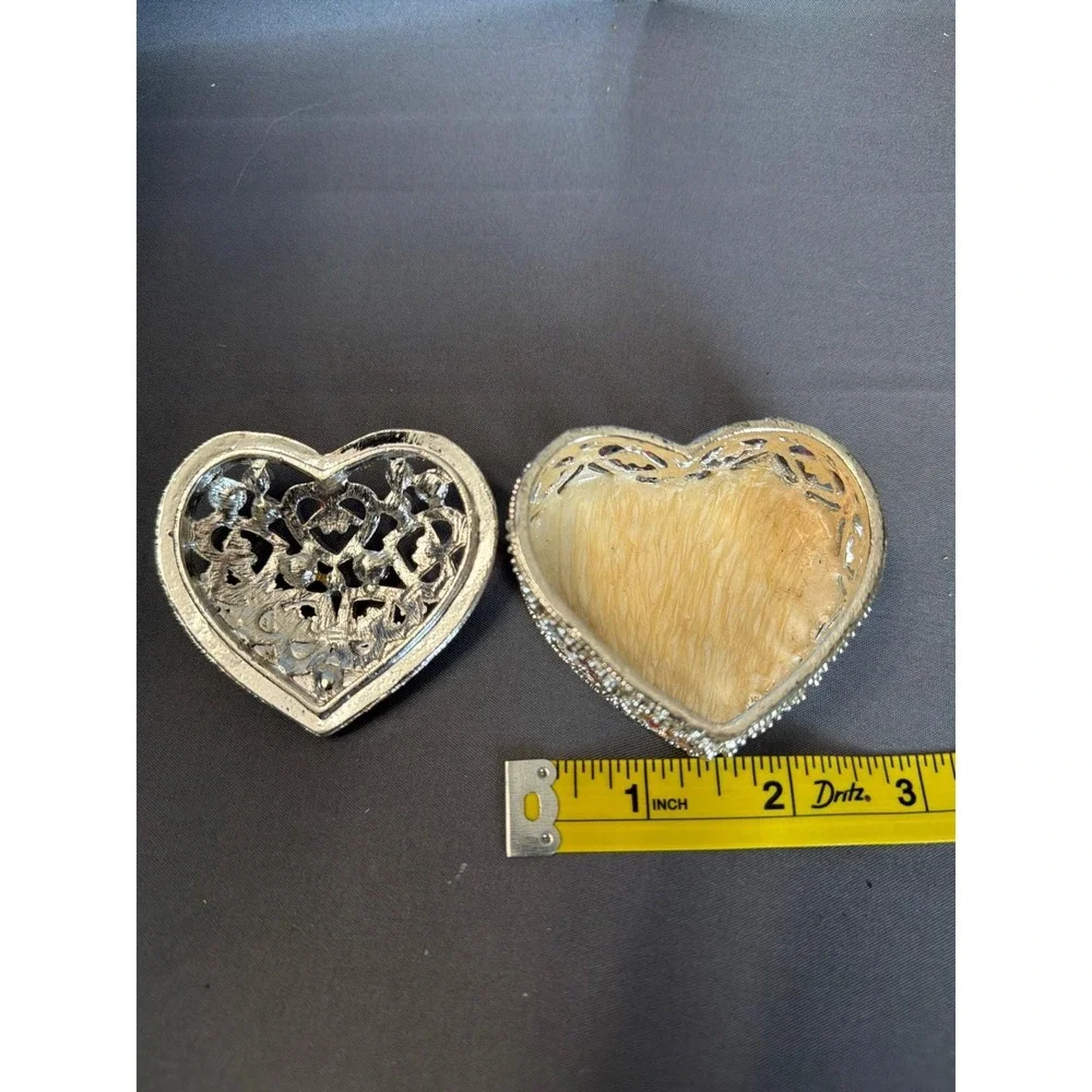 Vintage Style Heart Trinket Box Silver Filigree Purple Enamel Faux Pearl Jewelry